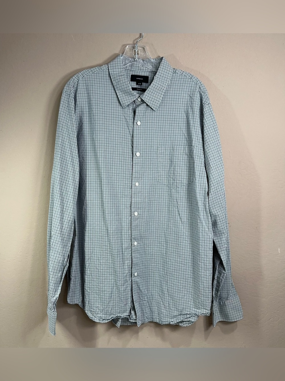 Vince Mens Button Down Shirt Olive Green Plaid Cotton Lyocell Classic Fit XL